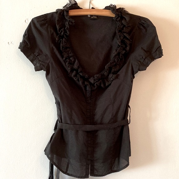 Black Cotton Blouse with Ruffle Neckline - Picture 1 of 5